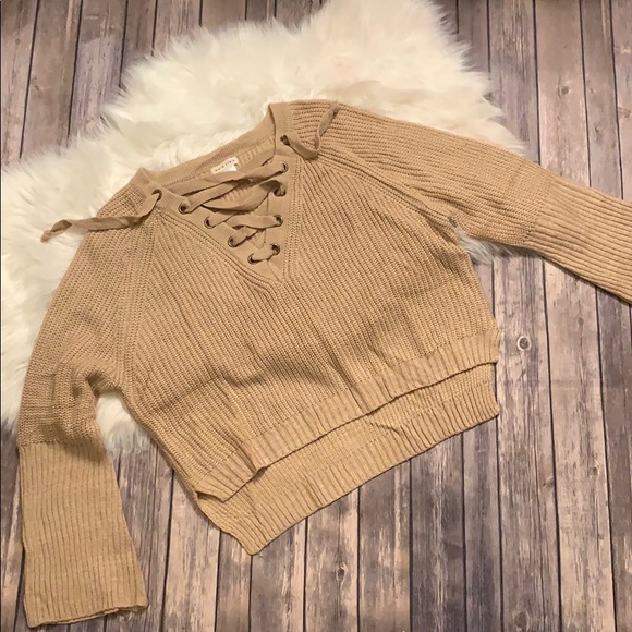 Main Strip Sweaters - The Perfect Tan Lace Up Collar Sweater